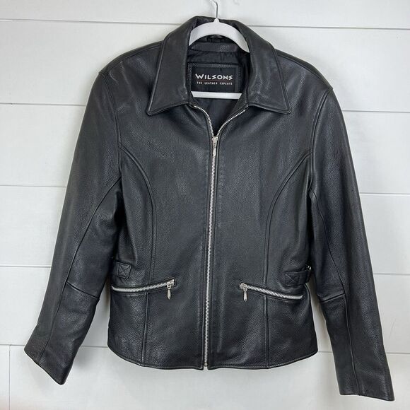 VTG Wilsons‎ Leather Black Women MEDIUM Moto BUCKLE ZIPPER JACKET PEBBLED